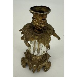 vtg Hollywood Regency Style Cherub Face Candle Holder Gold Gilt Metal Glass 1973